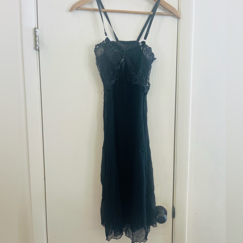 VTG Y2K Black Babydoll Lace WhimsyGoth Coquette Romantic Slip Chemise Dress